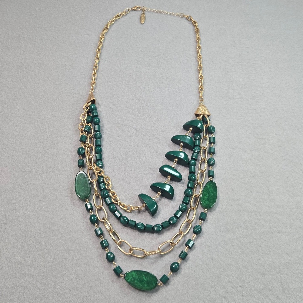 Plunder Design Necklace Womens OS Green Multi Strand Beaded‎ Gold Tone Statement